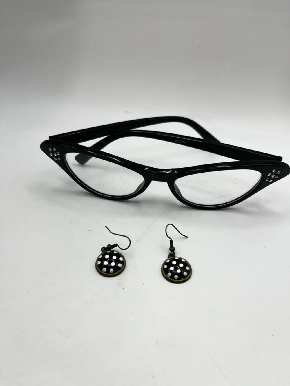 Black Cat Eye Glasses with Rhinestone Accent and Earrings 1950s Themed Costume